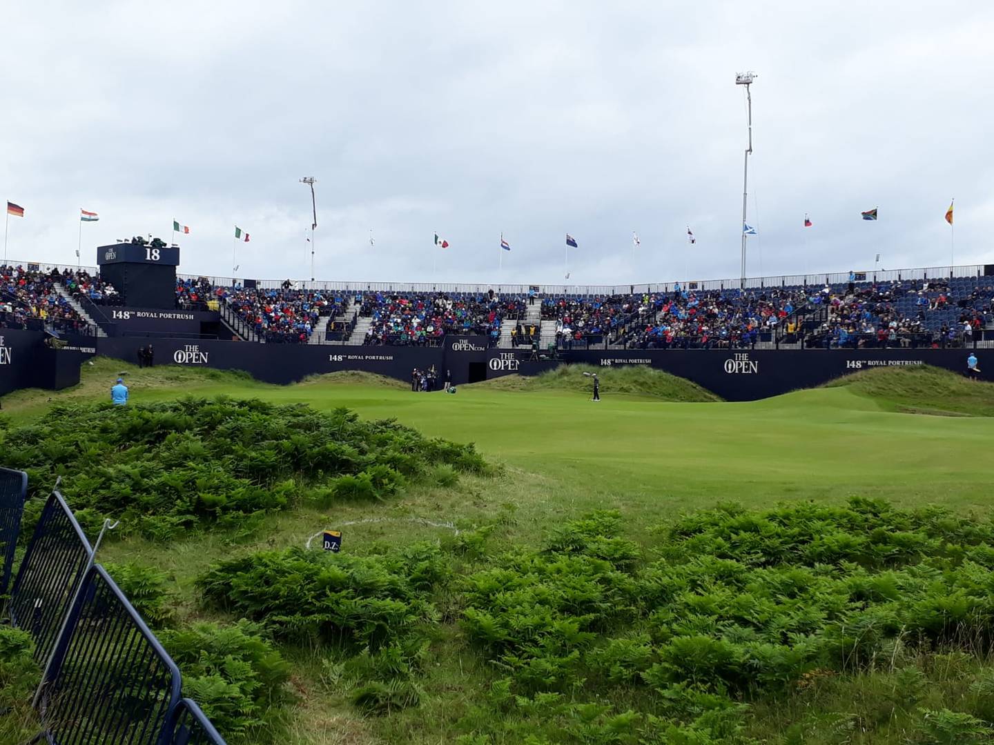 Wide shot of the 18th hole at Royal Portrush
